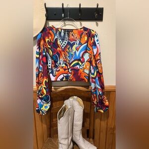 Love By Design Multicolor Cropped Deep V Top — Orange & Blue Accents